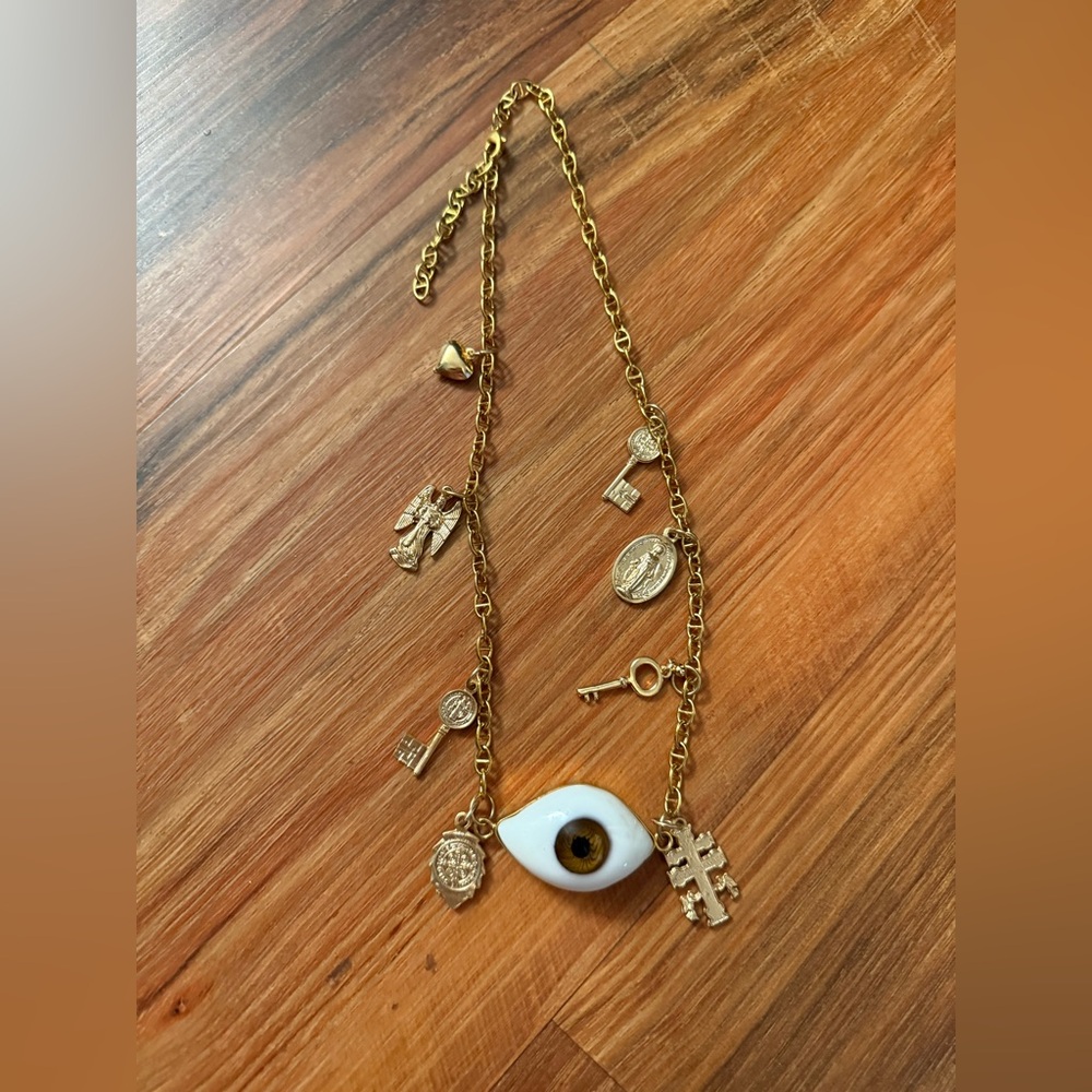 Gold Charm Necklace with brown Eye Pendant nwot